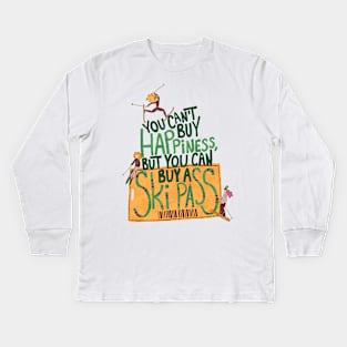 You can't buy happiness, but you can buy a ski pass | ski quote with female athletes and a ski pass | red, green, yellow Kids Long Sleeve T-Shirt